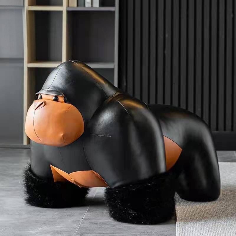 Creative Gorilla Stool for Home Use, Living Room Shoe-Changing Seat, Cartoon Cute Animal Sofa, Soft Leather Stool, Removable and Washable, Wooden